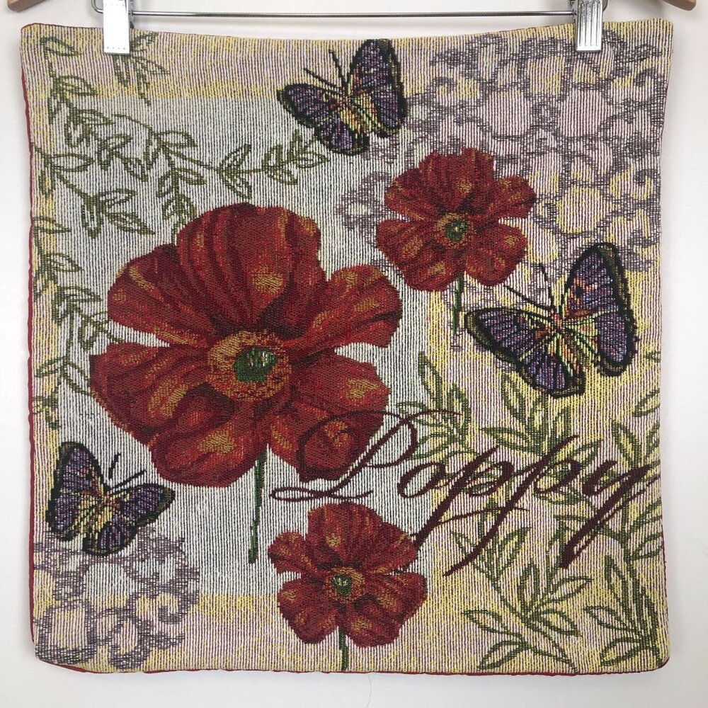 Tapestry Pillow Cover Poppies and Butterflies Zippered Red Cloth Back 16 x 16